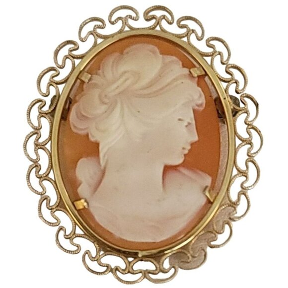 Krementz Gold Tone Shell Carved Mushroom Design Oval Cameo Brooch, Signed K40